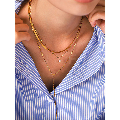 304 Stainless Steel Pave Clear Cubic Zirconia Teardrop Long Tassel Pendant 3 Layer Chain Necklaces for Women WGE5E69-01-1