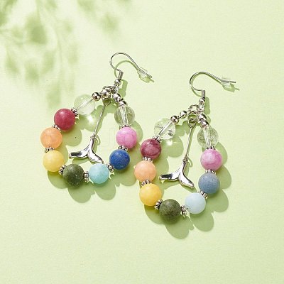 Natural Mixed Gemstone Braided Teardrop Dangle Earrings with Brass Whale Tail Charms EJEW-JE04951-02-1