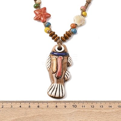 Ceramic Fish Pendant Adjustable Waxed Cord Necklaces for Women NJEW-B146-03-1