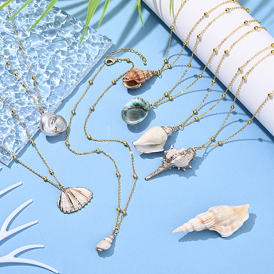 7Pcs 7 Styles Electroplated Natural Shell Pendant Brass Satellite Chain Necklaces NJEW-YW00003-1