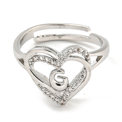 Heart with Letter Rack Plating Brass Micro Pave Clear Cubic Zirconia Adjustable Rings for Women RJEW-I105-01P-G-1
