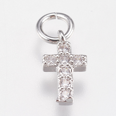 Brass Micro Pave Cubic Zirconia Tiny Cross Charms ZIRC-E147-62P-1