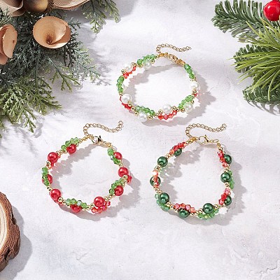 3Pcs 3 Colors Christmas Glass & Baking Paint Pearlized Glass Pearl Round Beaded Bracelets for Women BJEW-JB12441-1