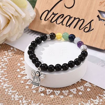 Natural Obsidian & Mixed Stone Round Beads Stretch Bracelet BJEW-JB07060-1