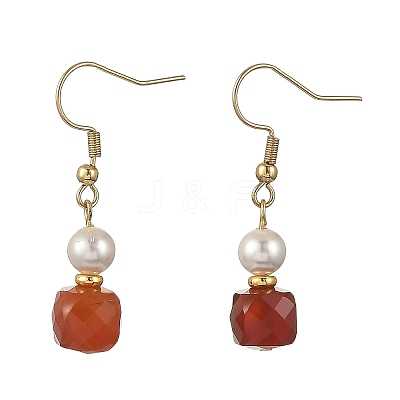 Natural Carnelian with Round Shell Pearl Beads Cube Dangle Earrings EJEW-JE07522-1