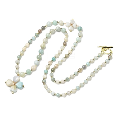 Saint Patrick's Day Natural Flower Amazonite Clover Pendant Round Beaded Necklaces with Brall Heart OT Clasps NJEW-G202-02G-03-1