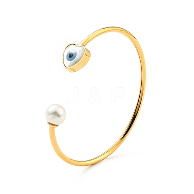 Shell Pearl & Heart with Evil Eye Open Cuff Bangle BJEW-G647-03G-1