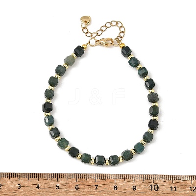 Faceted Cube Natural Moss Agate and Round Brass Beaded Bracelets BJEW-JB14445-1