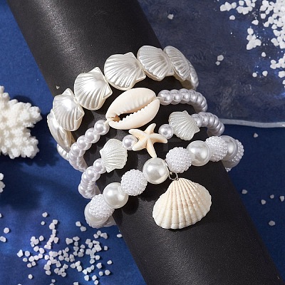 4Pcs 4 Style ABS Plastic Imitation Pearl Beaded Stretch Bracelets Set BJEW-JB10104-1
