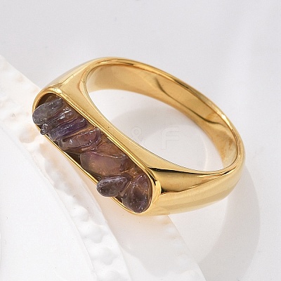 Rectangle Natural Amethyst Chips Finger Rings RJEW-D303-02G-05-1