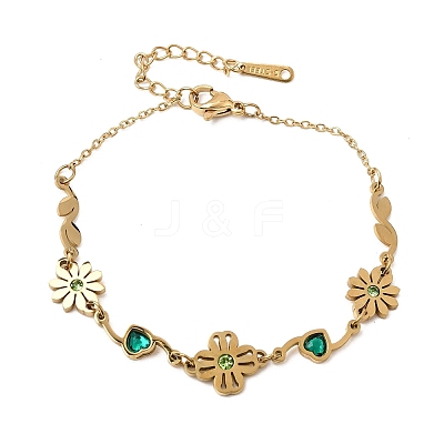 304 Stainless Steel Rhinestone Flower with Heart Link Chain Bracelets SA-CBAF6AD-16G-1