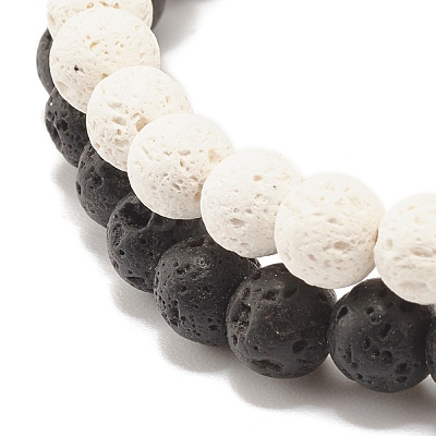 2Pcs 2 Style Natural Lava Rock(Dyed) Round Beaded Stretch Bracelets Set with Column Synthetic Hematite BJEW-JB07578-1
