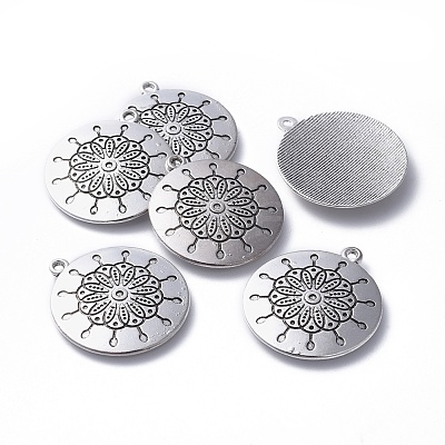 Tibetan Style Alloy Flat Round Carved Flower Pendants X-TIBEP-EA13599Y-LF-1