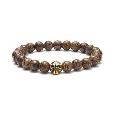 Natural Wenge Wood & Alloy Skull Beaded Stretch Bracelet for Women BJEW-JB09146-1