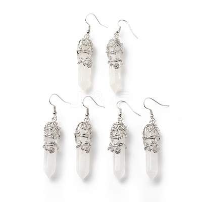 Natural Quartz Crystal Bullet with Flower Dangle Earrings EJEW-G300-02P-05-1