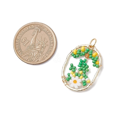 Glass Seed Beaded Oval with Flower Pendants PALLOY-MZ01061-03-1