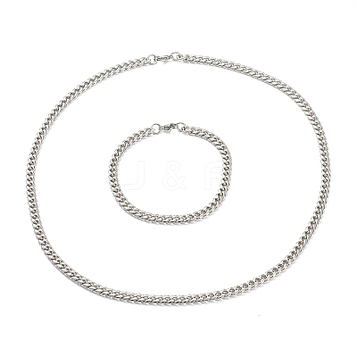304 Stainless Steel Cuban Link Chain Bracelets & Necklaces Jewelry Sets SJEW-B019-03A-P-1