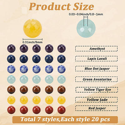 140Pcs 7 Styles Natural Amethyst & Lapis Lazuli & Blue Spot Jasper & Green Aventurine & Yellow Tiger Eye & Yellow Jade & Red Jasper Chakra Beads G-PA0001-93B-1