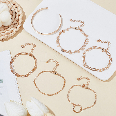 6Pcs 6 Style Alloy Paperclip & Cable & Figaro Chain Bracelets Set BJEW-AN0001-09-1
