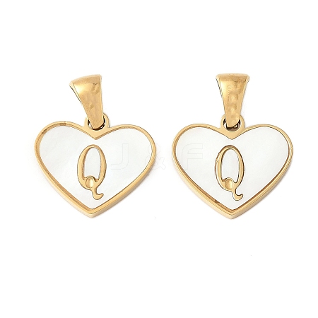 304 Stainless Steel Pave Natural White Shell Heart with Initial Slice Pendants STAS-R168-25G-Q-1