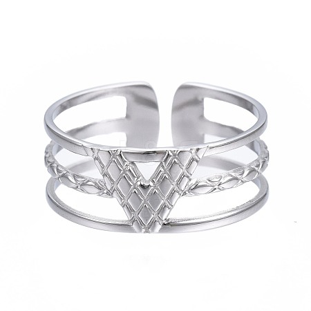 304 Stainless Steel Initial Letter V Open Cuff Ring RJEW-T023-42P-1