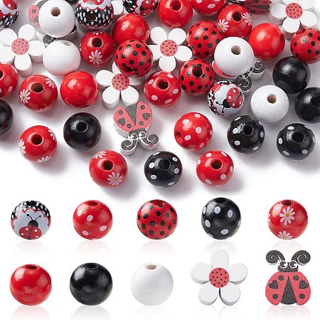 50Pcs 10 Styles Ladybug Theme Printed Wood Beads WOOD-CJ0001-79-1