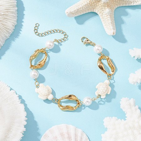 Synthetic Turquoise Tortoise & Shell Pearl & 304 Stainless Steel Oval Link Bracelets for Women BJEW-JB12173-02-1