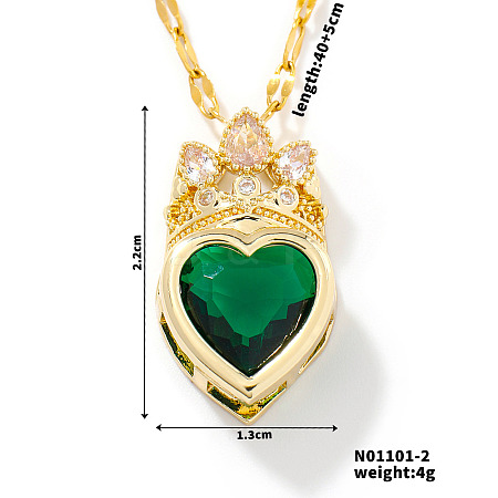 Fashionable Brass Cubic Zirconia Crown Heart-Shaped Pendant Dapped Chain Necklaces for Women SM2288-4-1