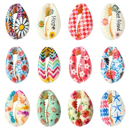 60Pcs 12 Styles Printed Natural Shell Beads BSHE-CJ0001-10-1