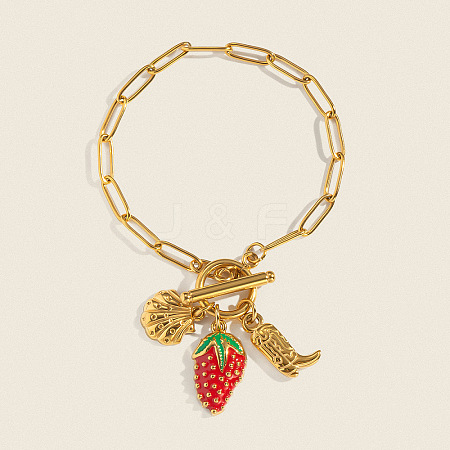 Ocean 304 Stainless Steel Enamel Strawberry Shell Shape Charm Paperclip Chain Bracelets with OT Clasps VA6795-1