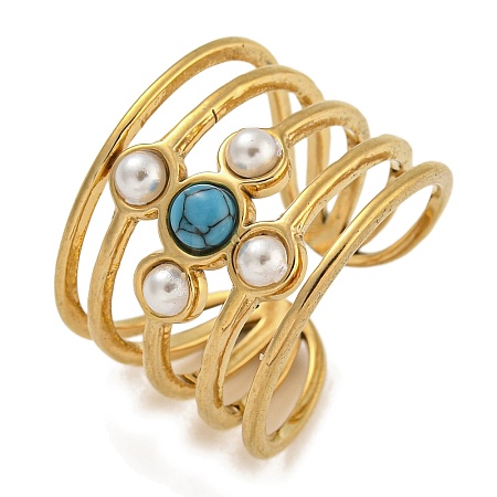 Round Synthetic Turquoise & ABS Plastic Imitation Pearl Finger Rings RJEW-U015-01G-1