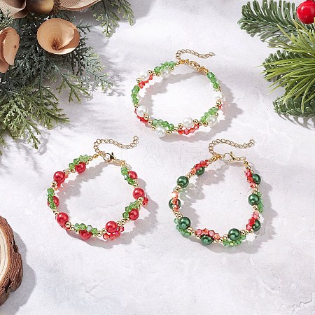 3Pcs 3 Colors Christmas Glass & Baking Paint Pearlized Glass Pearl Round Beaded Bracelets for Women BJEW-JB12441-1