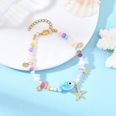Ocean 304 Stainless Steel Starfish Shell Shape Charm Bracelets BJEW-JB14275-1