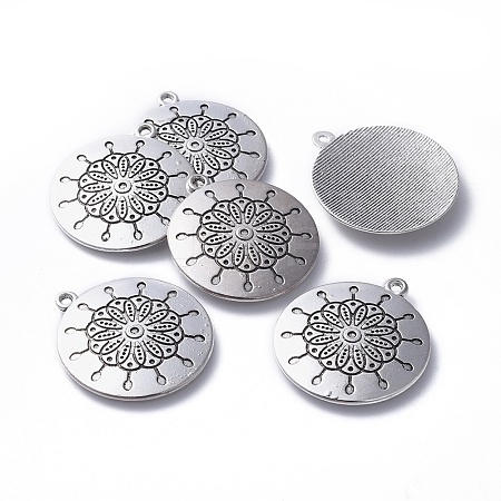 Tibetan Style Alloy Flat Round Carved Flower Pendants X-TIBEP-EA13599Y-LF-1