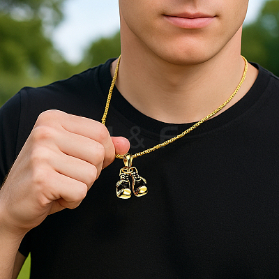 2Pcs 2 Colors Stainless Steel Boxing Glove Pendant Box Chain Necklaces for Men NJEW-HY0001-09B-1