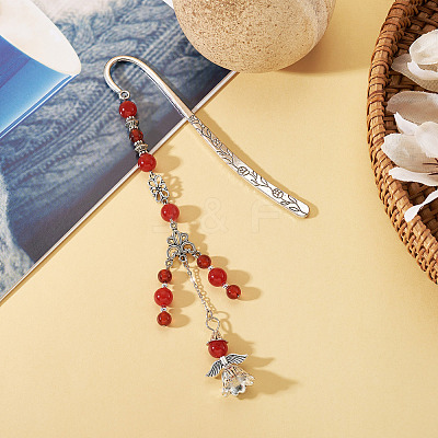 Natural Malaysia Jade Round Beads & Alloy Angel Bookmarks AJEW-TA00052-1