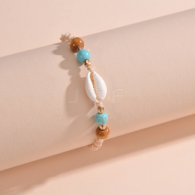 Adjustable Natural Cowrie Shell & Round Wood & Synthetic Turquoise Beaded Cotton Cord Braided Anklets for Women FS-WG3A61A-01-1
