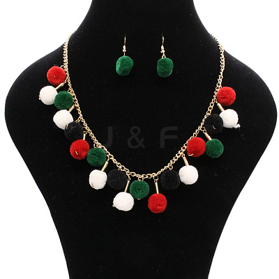 Christmas Polyester Pompom Ball Necklaces & Dangle Earring Sets FS-WG24699-03-1