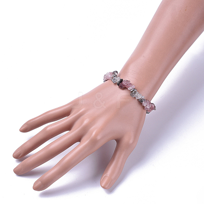Natural Tourmalinated Quartz/Black Rutilated Quartz & Strawberry Quartz Chip Stretch Bracelets BJEW-JB04490-03-1