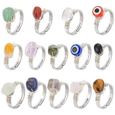 14Pcs 14 Styles 304 Stainless Steel & Gemstone Chip & Evil Eye Resin Finger Rings NJEW-WR00012-1