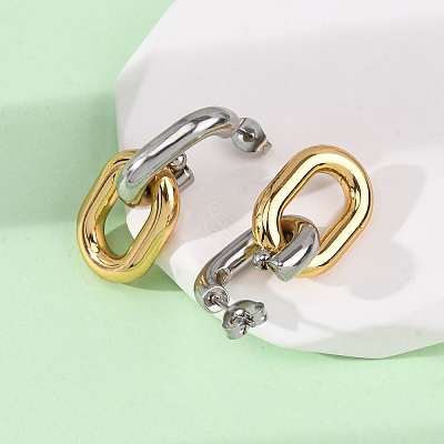 304 Stainless Steel Two Tone Oval Dangle Stud Earrings EJEW-L304-04GP-1