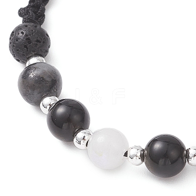 Natural White Moonstone & Lava Rock & Obsidian & Larvikite Round Beads Braided Bead Bracelets for Women BJEW-JB12917-03-1