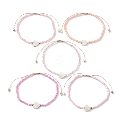 5Pcs 5 Colors Natural Shell Heart & Seed Braided Bead Bracelets Set BJEW-JB10039-02-1
