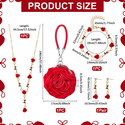 Rose Alloy Dangle Stud Earrings & Link Chain Bracelet & Pendant Necklace Sets SJEW-UN0001-22-1