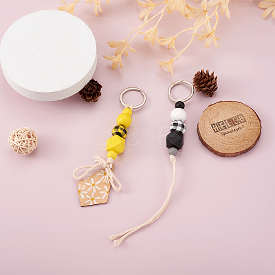 6Pcs 6 Colors Schima Wood & Cotton Cord Keychain KEYC-KS0001-03-1