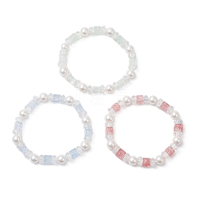 3Pcs 3 Colors Crackle Glass & Shell Pearl Beaded Stretch Bracelets for Women BJEW-JB12384-1