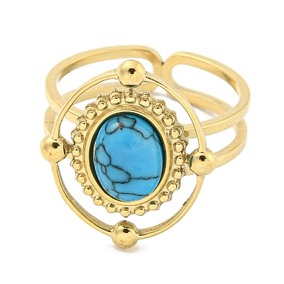 Ion Plating(IP) 304 Stainless Steel Synthetic Turquoise Cuff Rings G-Z056-04G-01-1