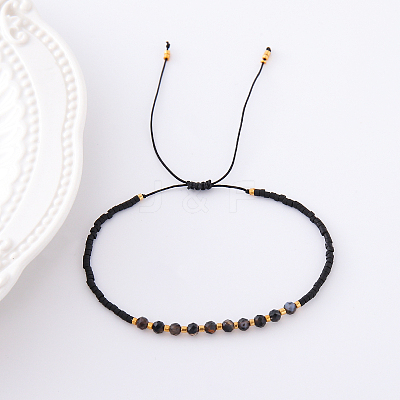 2mm Faceted Natural Dyed & Heated Black Agate Beaded Braided Adjustable Bracelets for Women PF2854-7-1