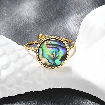 Flat Round 304 Stainless Steel Paua Shell Cuff Rings for Women X-RJEW-G346-10G-01-1