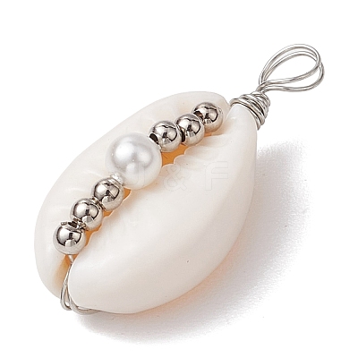 Natural Cowrie Shell Copper Wire Wrapped Round Brass Beads Pendants PALLOY-JF02938-06-1